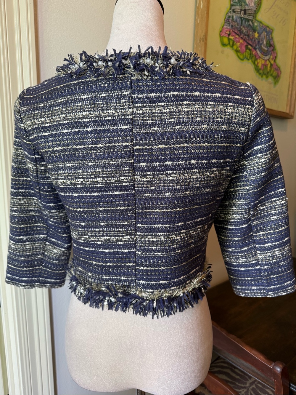 Lilly Pulitzer Navy and Ivory Tweed Fringe Cropped Jacket - Picture 3 of 7